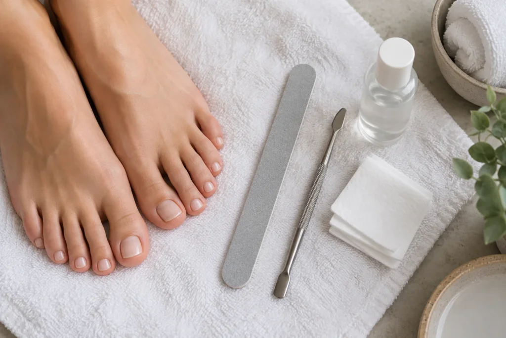 Akcesoria do pedicure przygotowane do aplikacji hybrydy