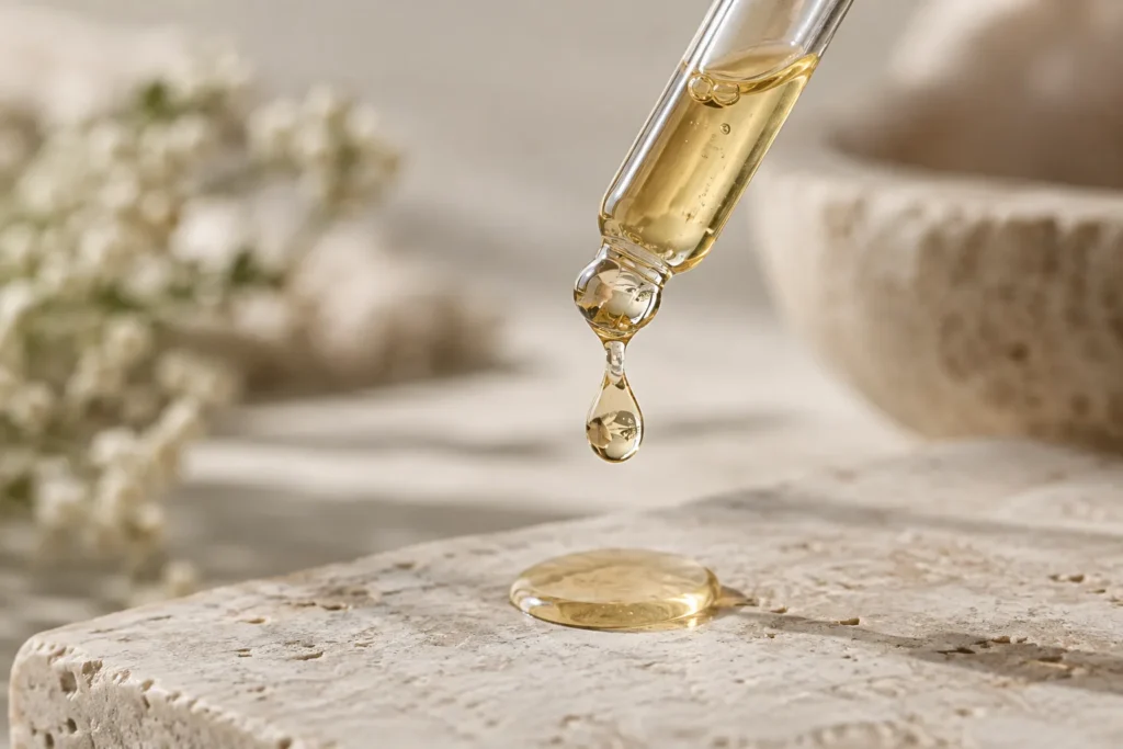 Kropla serum z witaminą C wypływająca z pipety