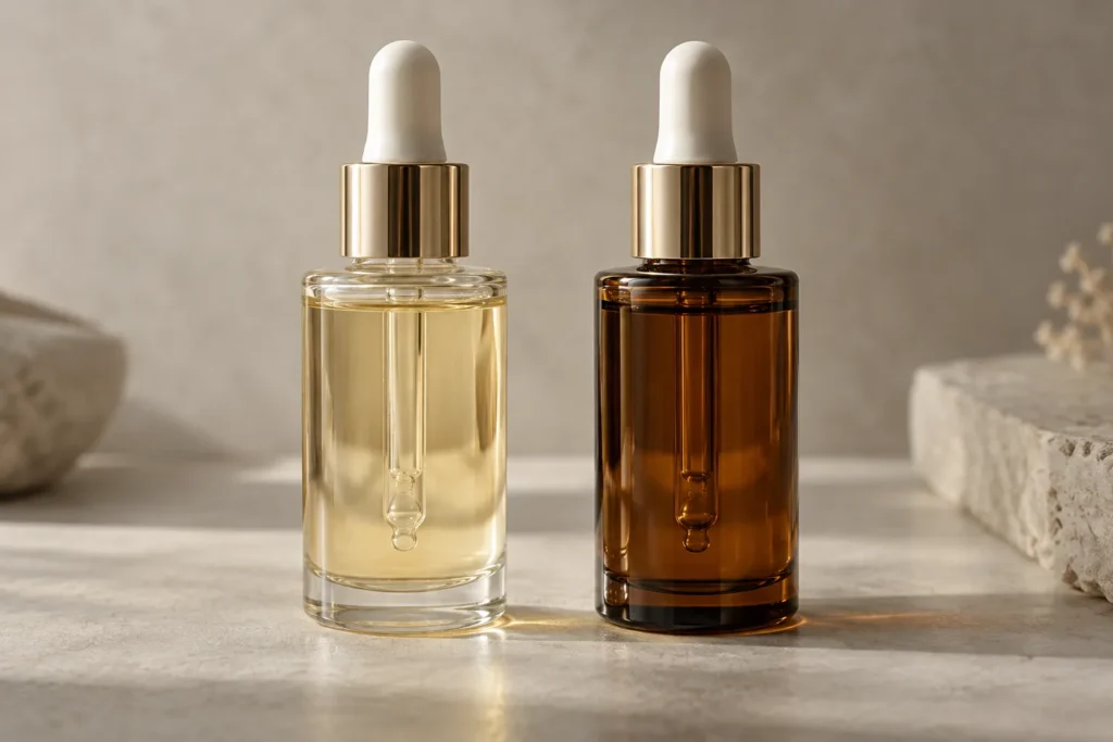 Dwa serum z witaminą C - świeże i utlenione o ciemnej barwie